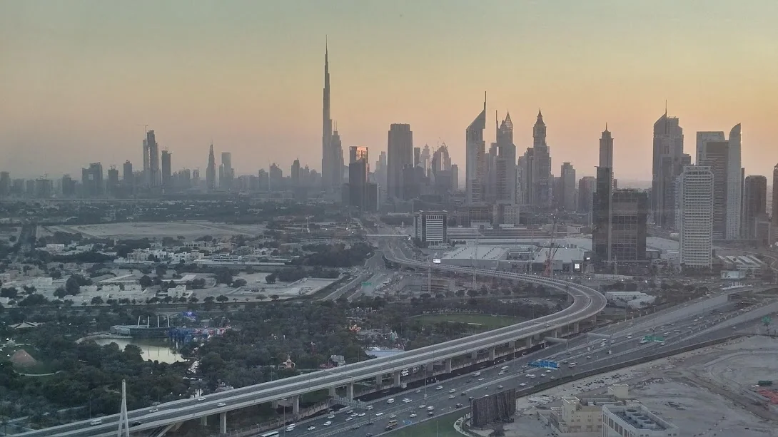 Dubai's skyline at sunset, seen from Dubai Frame in 2018