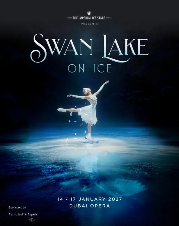 Offizielles Plakat für Swan Lake on Ice in der Dubai Opera, 14.–17. Januar 2027.
