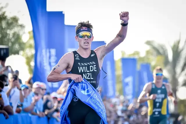 Hayden Wilde at the finish of WTCS Abu Dhabi 2025.