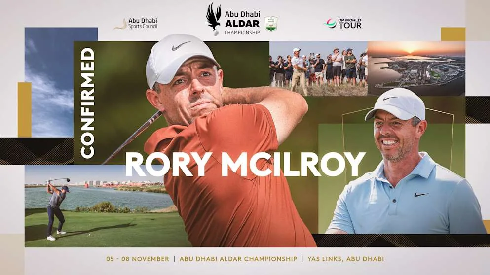 Rory McIlroy on the Abu Dhabi Aldar Championship 2026 promotional graphic.