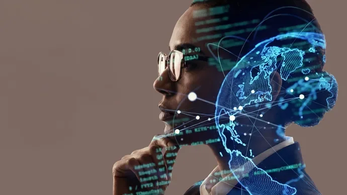 Profilo di una persona con una mappa digitale del mondo sovrapposta. Illustrazione ufficiale di Future Health 2026.