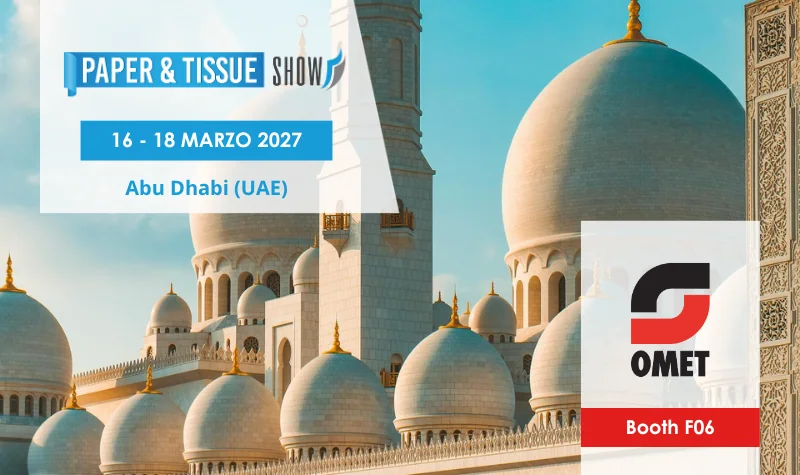 OMET poster announcing its participation in Paper & Tissue Show Abu Dhabi 2027, dated 16–18 March.
