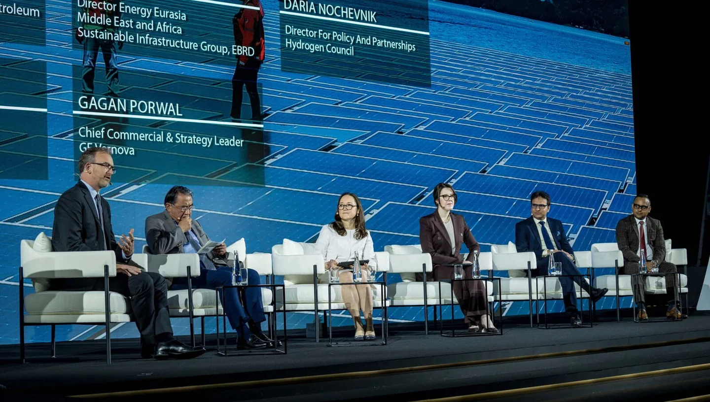 Panellists on stage — Green Hydrogen Summit / WFES 2024. Archive photograph.