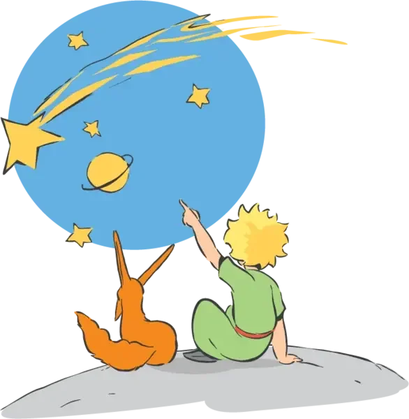 Der kleine Prinz und der Fuchs betrachten die Sterne; offizielle Illustration.