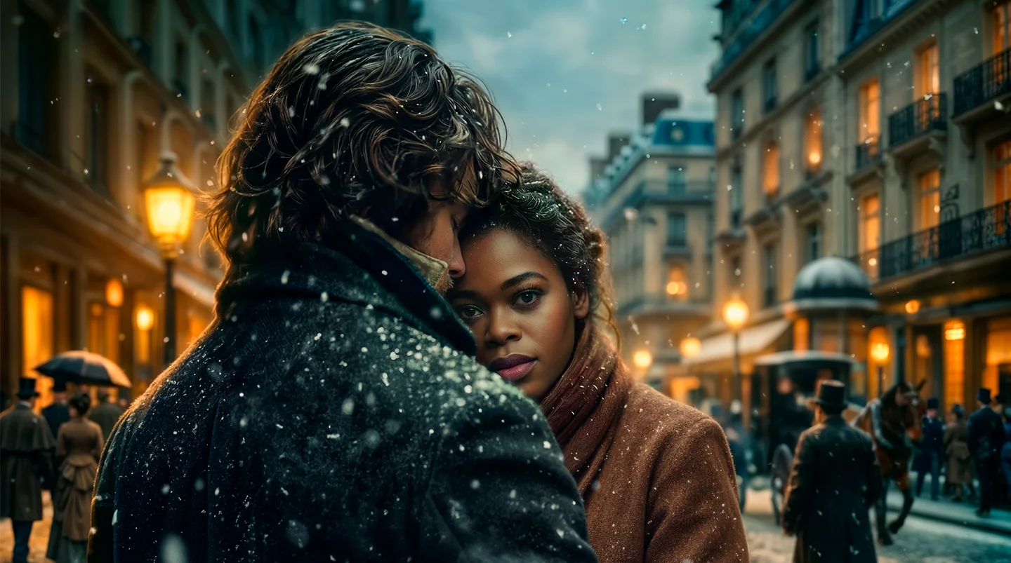Official La bohème artwork: an embrace in a Paris street.