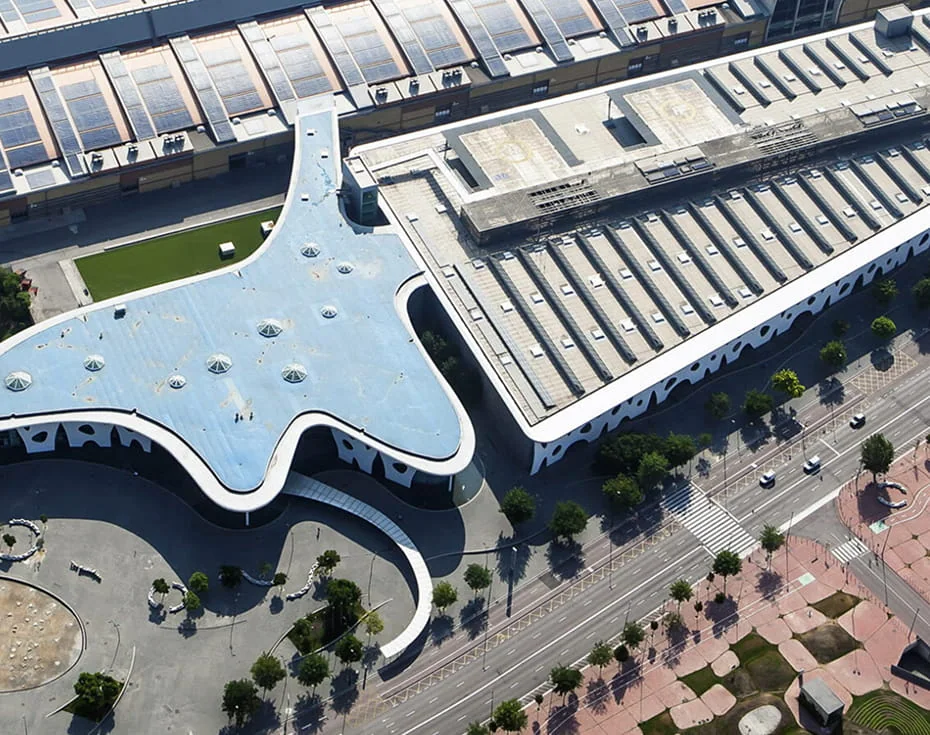 Fira Barcelona Gran Via aus der Luft; Ansicht des Messegeländes.