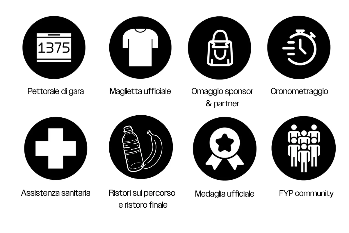 Symbole für Startnummer, Shirt, Zeitmessung, Medaille und weitere Rennleistungen.