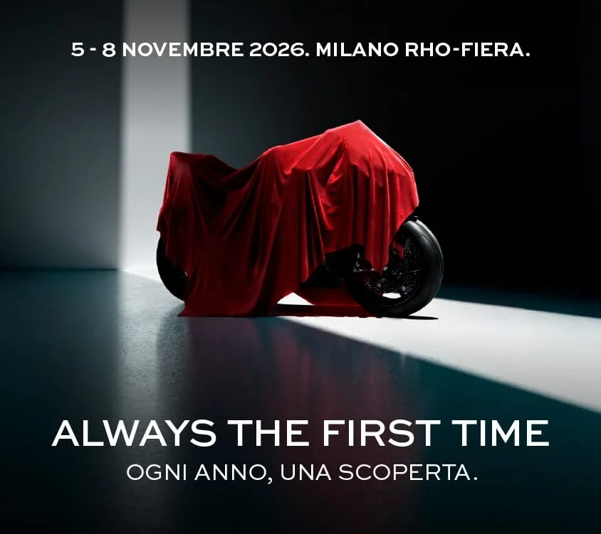 A motorcycle under red cloth on an EICMA poster dated 5–8 November 2026.