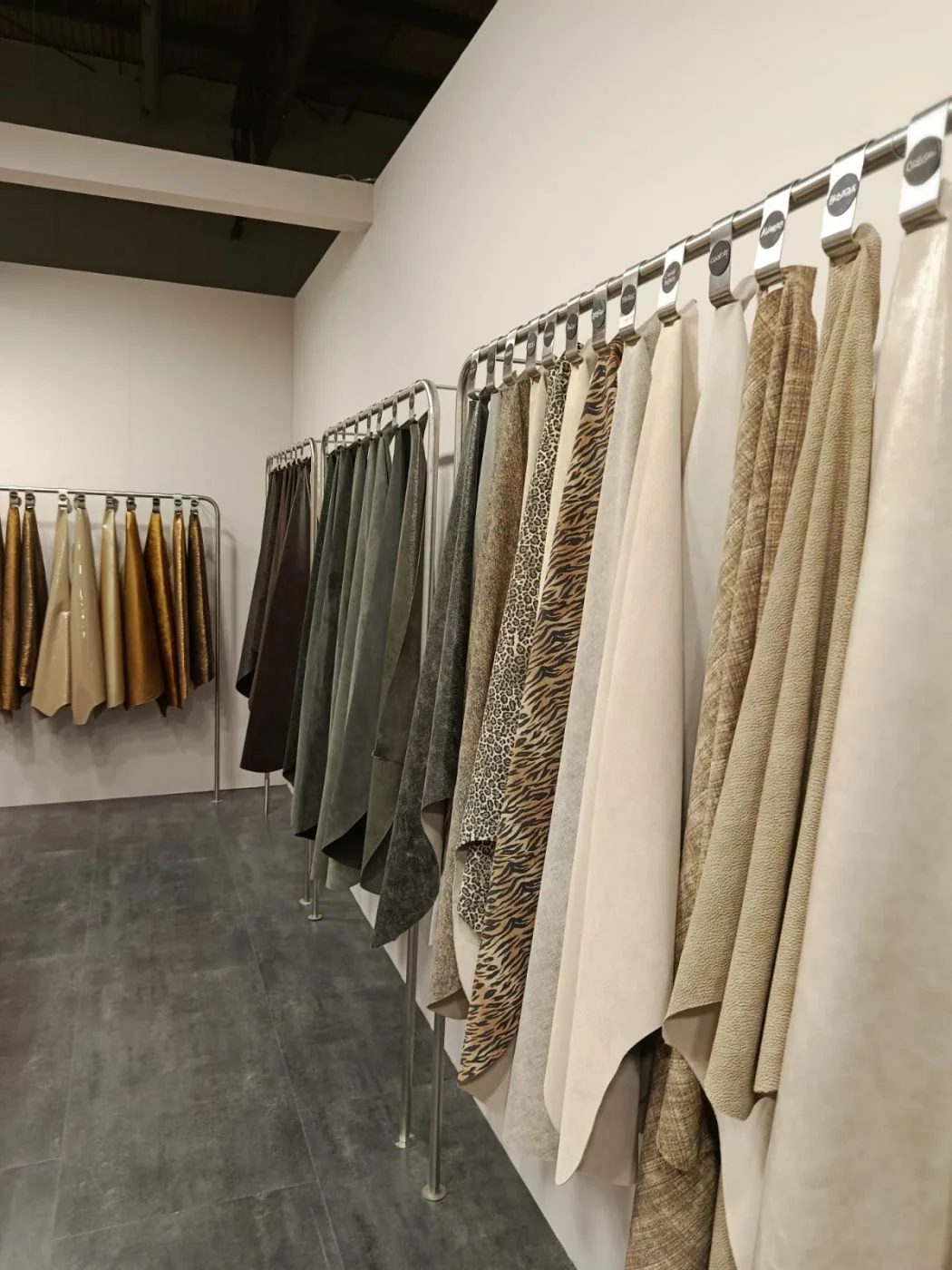 Leather samples with animal prints at the Rivadavia stand.