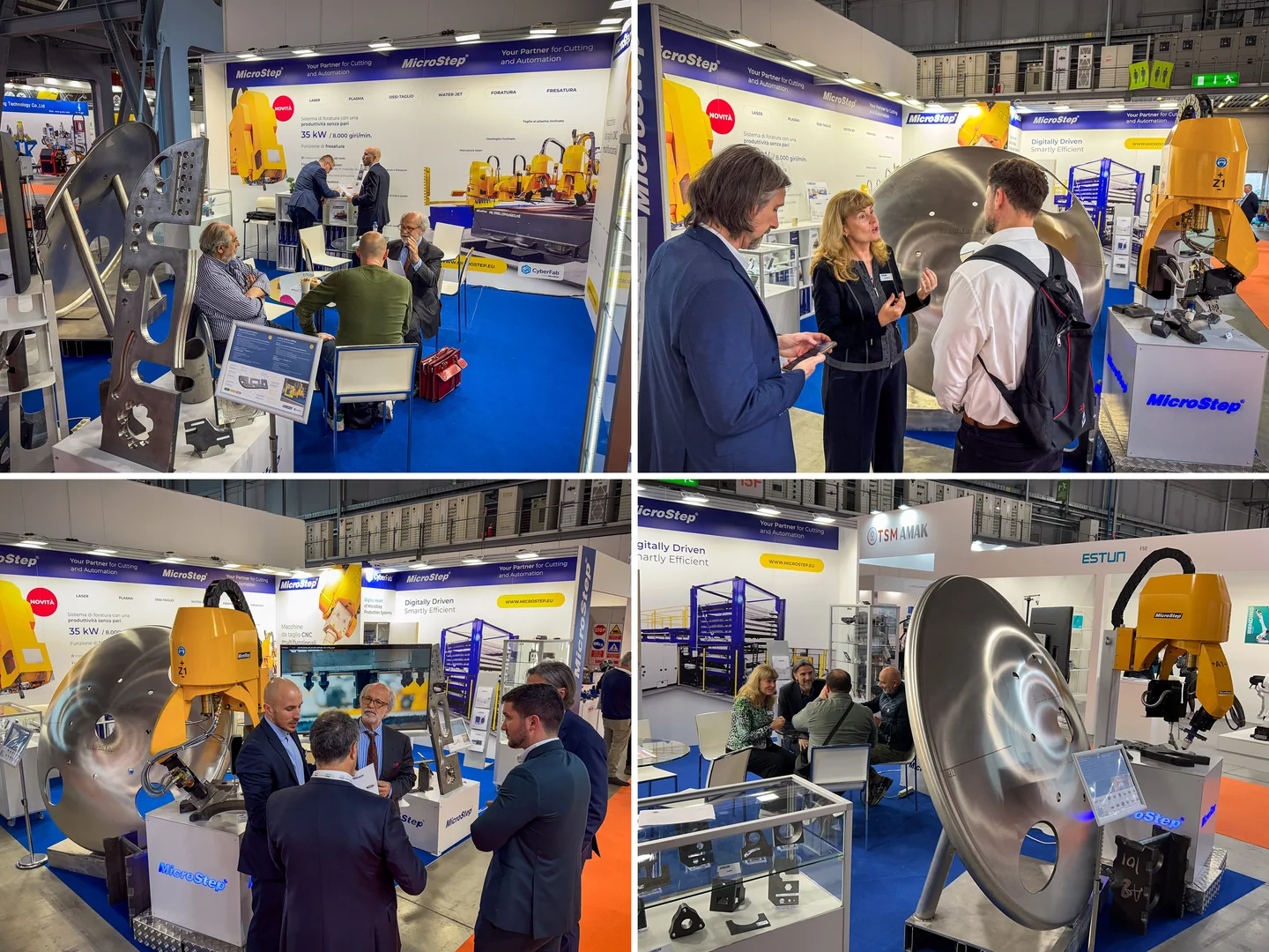 Eine Collage aus vier Fotos von Maschinen und Besuchern am Stand von MicroStep.