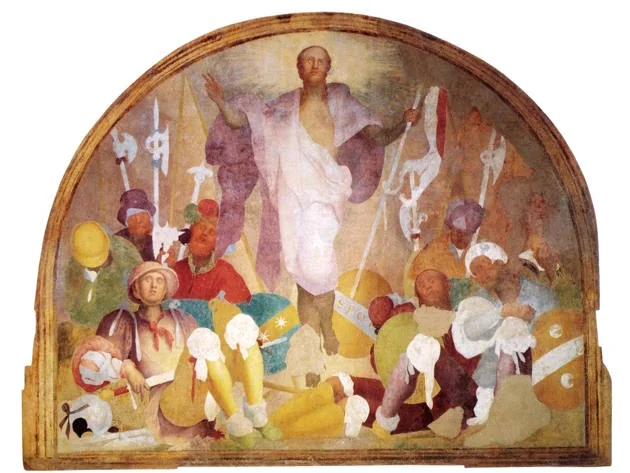 Învierea de Pontormo: Hristos deasupra unui grup de personaje; reproducere de frescă.