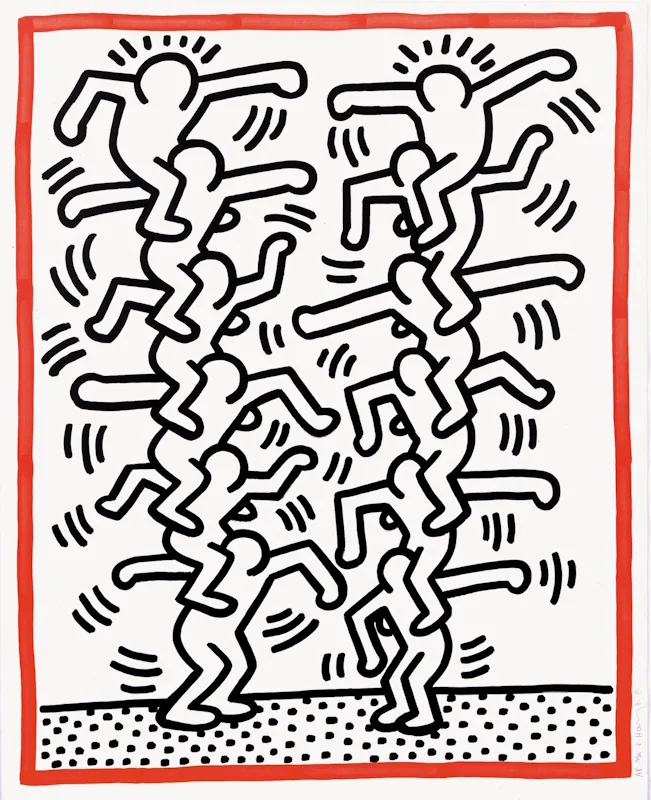 Tańczące postacie w czerwonym obramowaniu: litografia Keitha Haringa, 1985.
