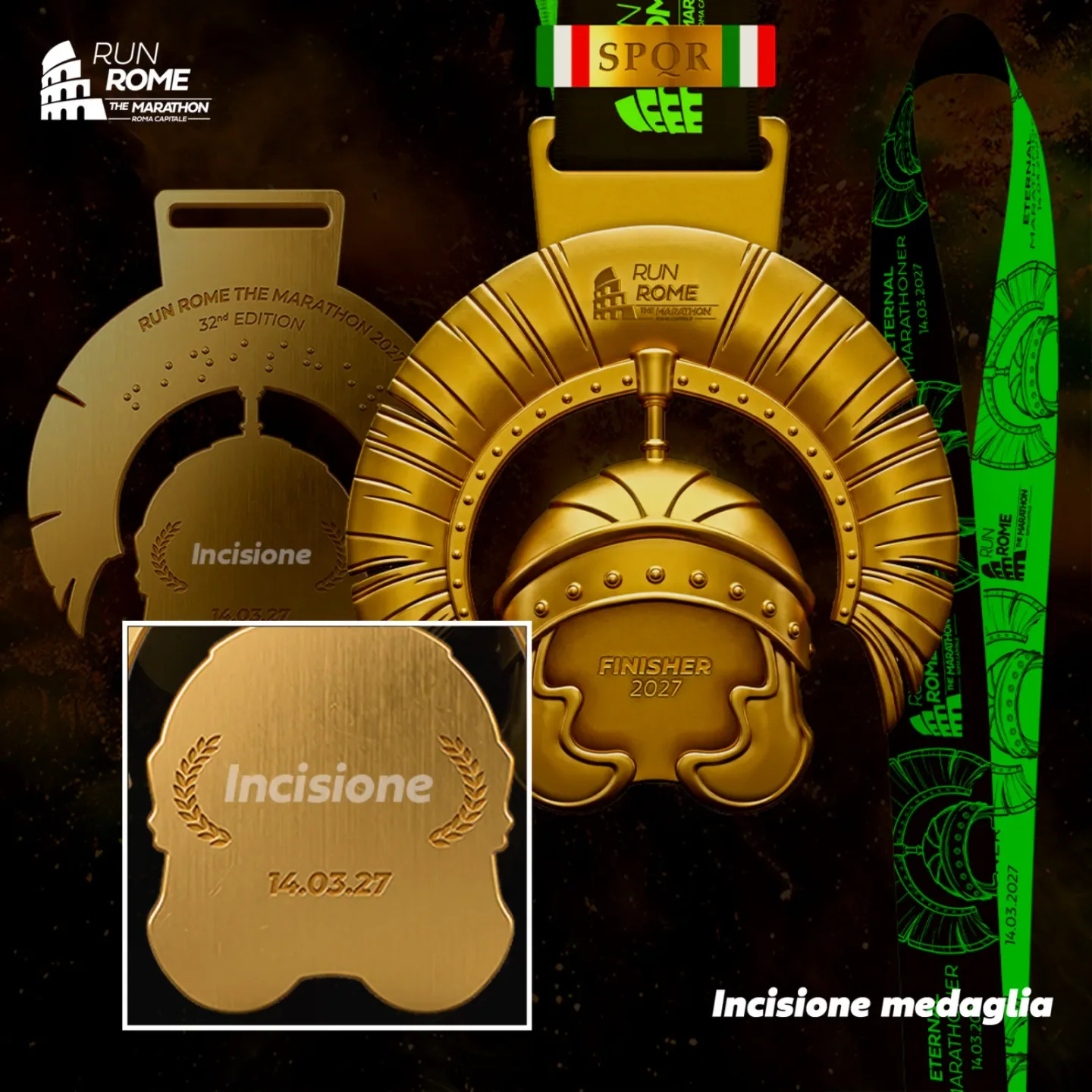 Modèle publié de la médaille Run Rome The Marathon 2027 avec ruban vert.